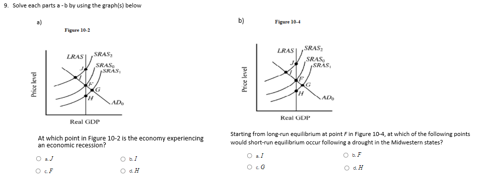 9. Solve each parts a -b by using the graph(s) below
a)
b)
Figure 10-4
Figure 10-2
LRASI ,SRAS,
SRAS,
SRAS,
LRAS
„SRAS,
SRAS.
SRĀS,
G
G
H.
H,
ADo
AD
Real GDP
Real GDP
Starting from long-run equilibrium at point F in Figure 10-4, at which of the following points
At which point in Figure 10-2 is the economy experiencing
an economic recession?
would short-run equilibrium occur following a drought in the Midwestern states?
O a.J
O b.I
O a.I
O b. F
O. G
O d. H
O .F
O d.H
Price level
Price level
