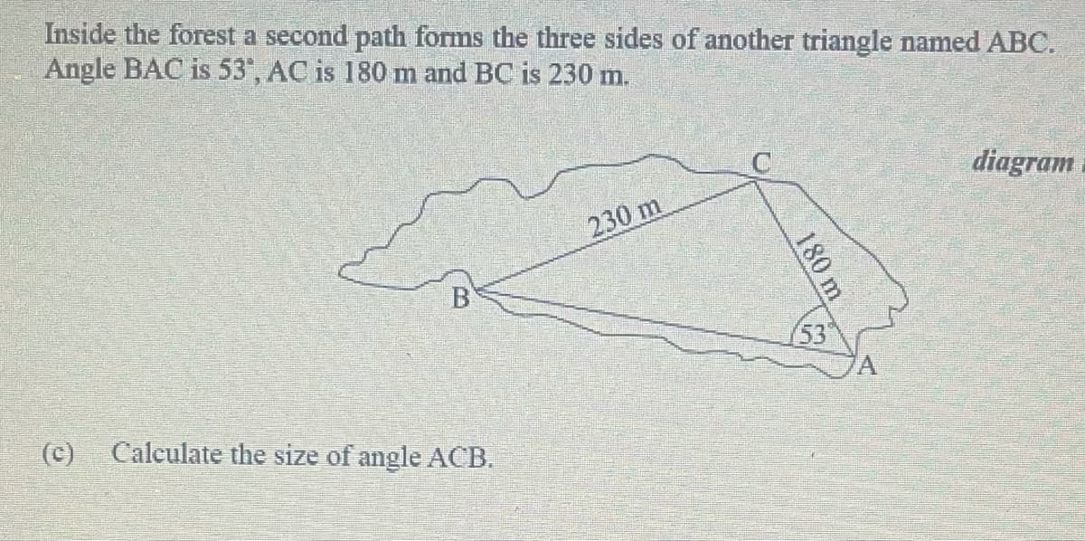 Inside the forest a second path forms the three sides of another triangle named ABC.
Angle BAC is 53', AC is 180 m and BC is 230 m.
diagram
230 m
53
(c)
Caleulate the size of angle ACB.
180 m
