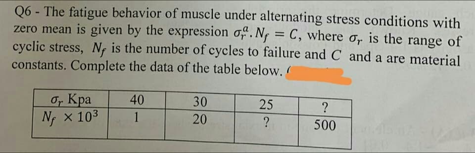 Q6 - The fatigue behavior of muscle under alternating stress conditions with
zero mean is given by the expression o. Nf
cyclic stress, N is the number of cycles to failure and C and a are material
constants. Complete the data of the table below.
= C, where ơr is the range of
%3D
O Кра
Nr x 103
40
30
25
?
1
20
500
