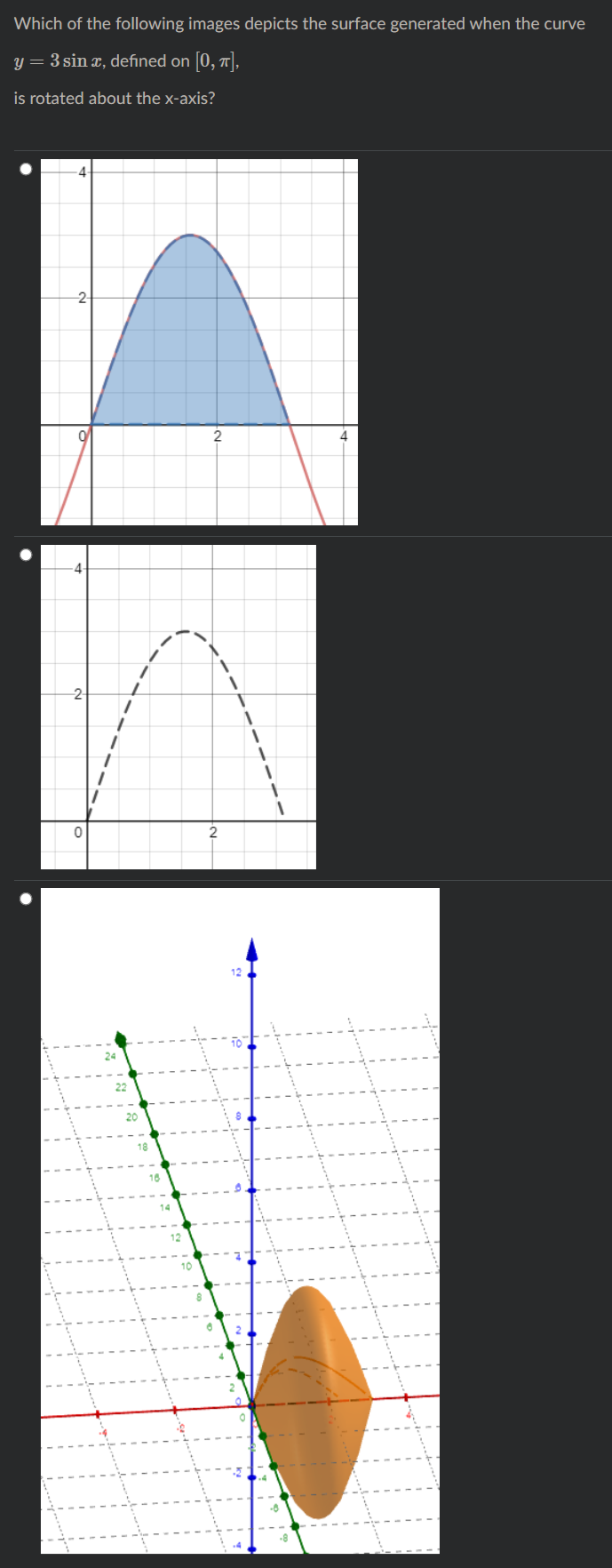 Which of the following images depicts the surface generated when the curve
y = 3 sin x, defined on [0, ],
is rotated about the x-axis?
2
