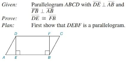 Parallelogram ABCD with DE I AB and
FB 1 AB
Given:
Prove:
DE = FB
Plan:
First show that DEBF is a parallelogram.
D
F_C
A E
B
