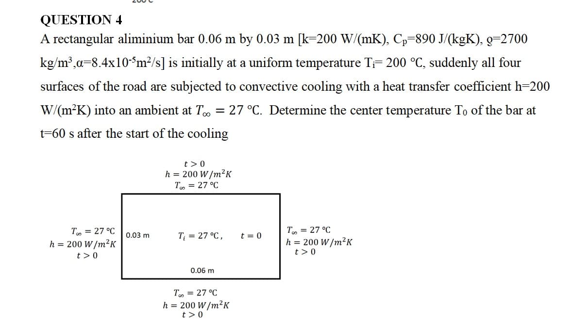 QUESTION 4
A rectangular aliminium bar 0.06 m by 0.03 m [k-200 W/(mK), Cp-890 J/(kgK), g=2700
kg/m³,a=8.4x10-$m²/s] is initially at a uniform temperature T= 200 °C, suddenly all four
surfaces of the road are subjected to convective cooling with a heat transfer coefficient h=200
W/(m²K) into an ambient at T = 27 °C. Determine the center temperature To of the bar at
t=60 s after the start of the cooling
t > 0
h = 200 W/m²K
T, = 27 °C
T = 27 °C
h = 200 W /m²K
t > 0
T. = 27 °C
0.03 m
T; = 27 °C,
t = 0
h = 200 W /m²K
t >0
0.06 m
T. = 27 °C
h = 200 W /m²K
t>0
