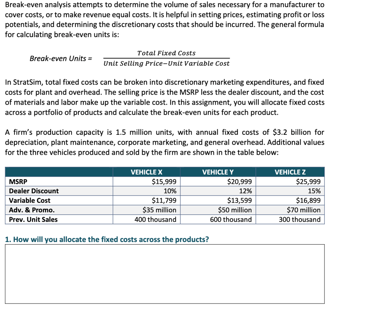 Break-even analysis attempts to determine the volume of sales necessary for a manufacturer to
cover costs, or to make revenue equal costs. It is helpful in setting prices, estimating profit or loss
potentials, and determining the discretionary costs that should be incurred. The general formula
for calculating break-even units is:
Total Fixed Costs
Break-even Units =
Unit Selling Price-Unit Variable Cost
In StratSim, total fixed costs can be broken into discretionary marketing expenditures, and fixed
costs for plant and overhead. The selling price is the MSRP less the dealer discount, and the cost
of materials and labor make up the variable cost. In this assignment, you will allocate fixed costs
across a portfolio of products and calculate the break-even units for each product.
A firm's production capacity is 1.5 million units, with annual fixed costs of $3.2 billion for
depreciation, plant maintenance, corporate marketing, and general overhead. Additional values
for the three vehicles produced and sold by the firm are shown in the table below:
VEHICLE X
VEHICLE Y
VEHICLE Z
MSRP
$15,999
$20,999
$25,999
Dealer Discount
10%
12%
15%
$11,799
$35 million
$13,599
$50 million
$16,899
$70 million
Variable Cost
Adv. & Promo.
Prev. Unit Sales
400 thousand
600 thousand
300 thousand
1. How will you allocate the fixed costs across the products?
