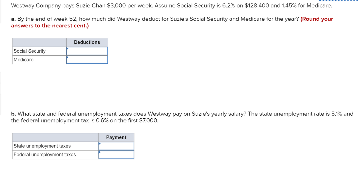 Westway Company pays Suzie Chan $3,000 per week. Assume Social Security is 6.2% on $128,400 and 1.45% for Medicare.
a. By the end of week 52, how much did Westway deduct for Suzie's Social Security and Medicare for the year? (Round your
answers to the nearest cent.)
Deductions
Social Security
Medicare
b. What state and federal unemployment taxes does Westway pay on Suzie's yearly salary? The state unemployment rate is 5.1% and
the federal unemployment tax is 0.6% on the first $7,000.
Рayment
State unemployment taxes
Federal unemployment taxes
