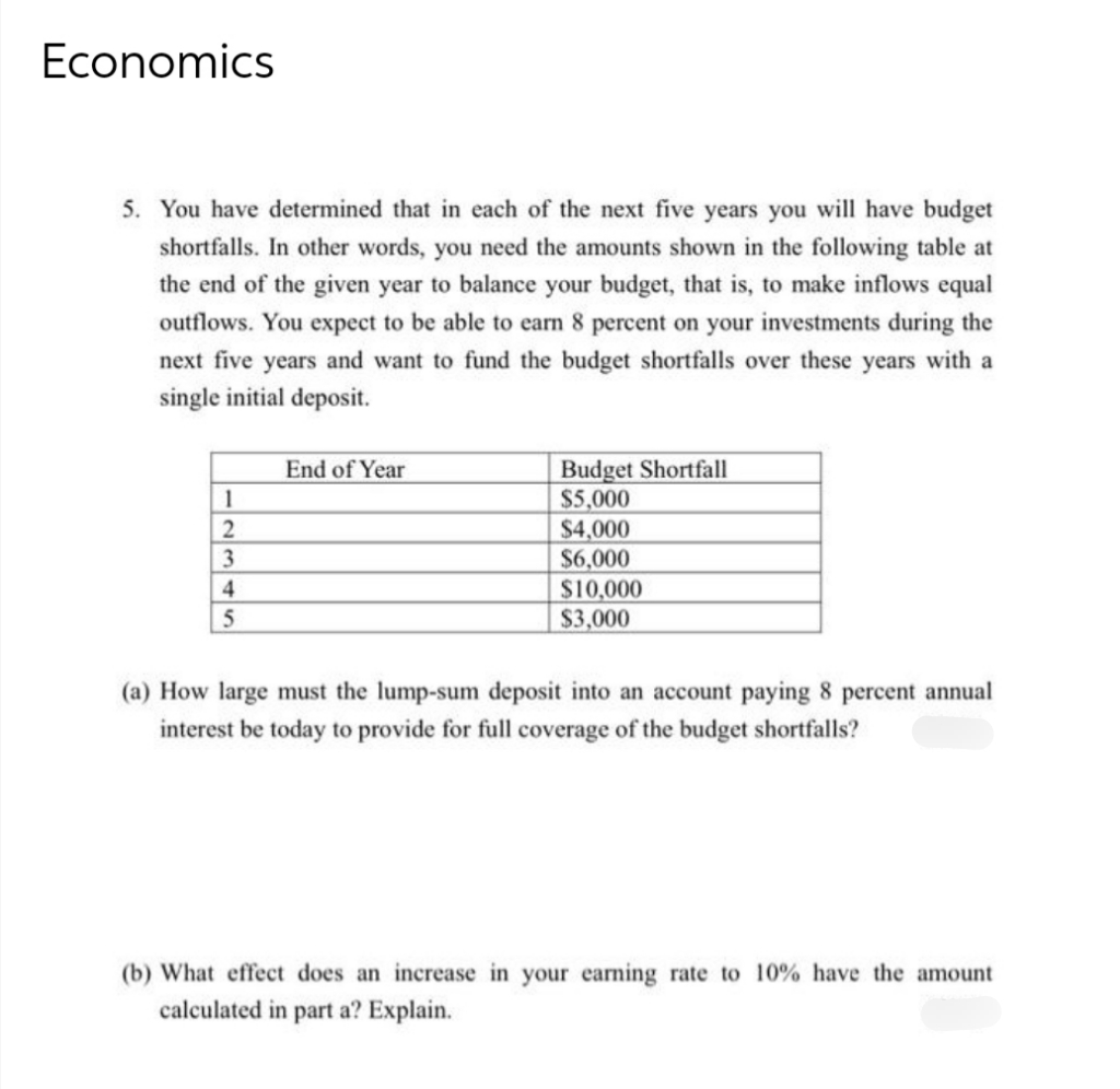 Economics
5. You have determined that in each of the next five years you will have budget
shortfalls. In other words, you need the amounts shown in the following table at
the end of the given year to balance your budget, that is, to make inflows equal
outflows. You expect to be able to earn 8 percent on your investments during the
next five years and want to fund the budget shortfalls over these years with a
single initial deposit.
1
2
3
4
5
End of Year
Budget Shortfall
$5,000
$4,000
$6,000
$10,000
$3,000
(a) How large must the lump-sum deposit into an account paying 8 percent annual
interest be today to provide for full coverage of the budget shortfalls?
(b) What effect does an increase in your earning rate to 10% have the amount
calculated in part a? Explain.