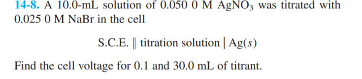 14-8. A 10.0-mL solution of 0.050 0 M A£NO3 was titrated with
0.025 0 M NaBr in the cell
S.C.E. || titration solution | Ag(s)
Find the cell voltage for 0.1 and 30.0 mL of titrant.
