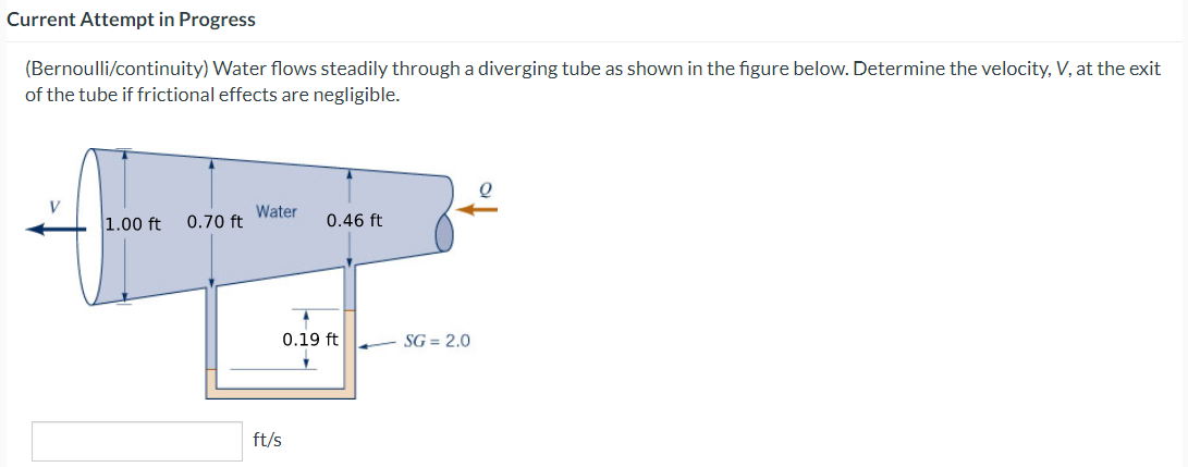 Current Attempt in Progress
(Bernoulli/continuity) Water flows steadily through a diverging tube as shown in the figure below. Determine the velocity, V, at the exit
of the tube if frictional effects are negligible.
V
1.00 ft 0.70 ft
Water
0.46 ft
0.19 ft
1
ft/s
SG=2.0