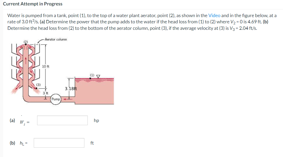 Current Attempt in Progress
Water is pumped from a tank, point (1), to the top of a water plant aerator, point (2), as shown in the Video and in the figure below, at a
rate of 3.0 ft³/s. (a) Determine the power that the pump adds to the water if the head loss from (1) to (2) where V₂ = 0 is 4.69 ft. (b)
Determine the head loss from (2) to the bottom of the aerator column, point (3), if the average velocity at (3) is V3 = 2.04 ft/s.
章
(3)
(a) W₁ =
(b) h₁ =
-Aerator column
10 ft
3 ft
Pump
3.18ft
(1)
Center
hp
ft