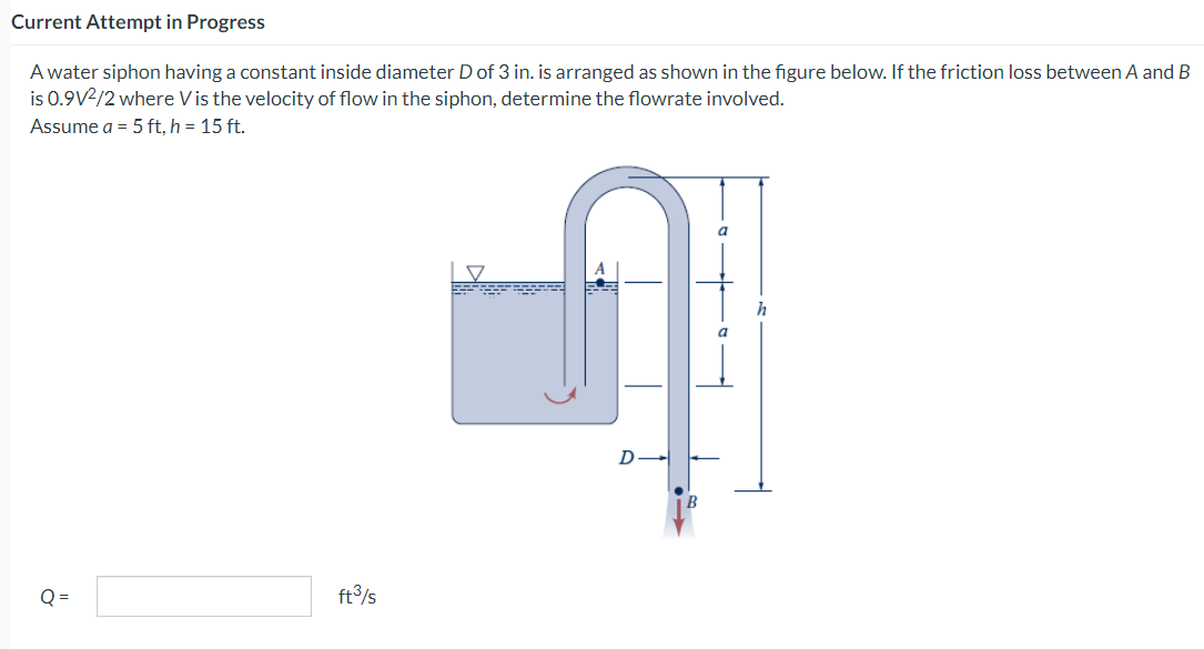 Current Attempt in Progress
A water siphon having a constant inside diameter D of 3 in. is arranged as shown in the figure below. If the friction loss between A and B
is 0.9V²/2 where Vis the velocity of flow in the siphon, determine the flowrate involved.
Assume a = 5 ft, h = 15 ft.
Q=
ft³/s
9
h