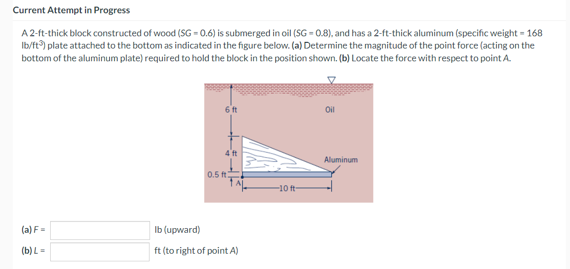 Current Attempt in Progress
A 2-ft-thick block constructed of wood (SG = 0.6) is submerged in oil (SG = 0.8), and has a 2-ft-thick aluminum (specific weight = 168
lb/ft3) plate attached to the bottom as indicated in the figure below. (a) Determine the magnitude of the point force (acting on the
bottom of the aluminum plate) required to hold the block in the position shown. (b) Locate the force with respect to point A.
(a) F=
(b) L =
6 ft
4 ft
0.5 ft
lb (upward)
ft (to right of point A)
-10 ft
Oil
Aluminum