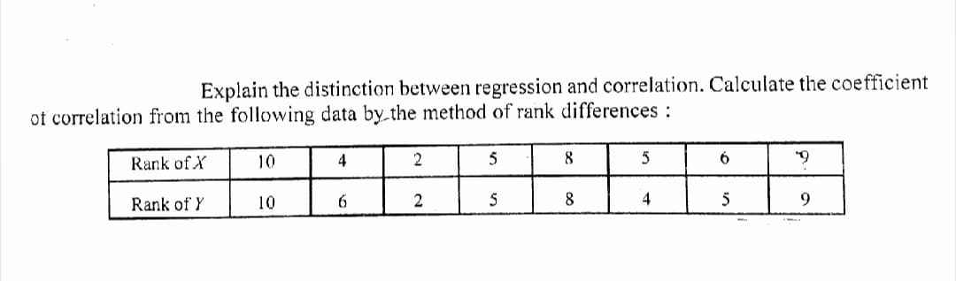 Explain the distinction between regression and correlation. Calculate the coefficient
of correlation from the following data by the method of rank differences :
Rank of X
10
4
2
5
8
6.
Rank of Y
10
6.
5
8
4
5
9
