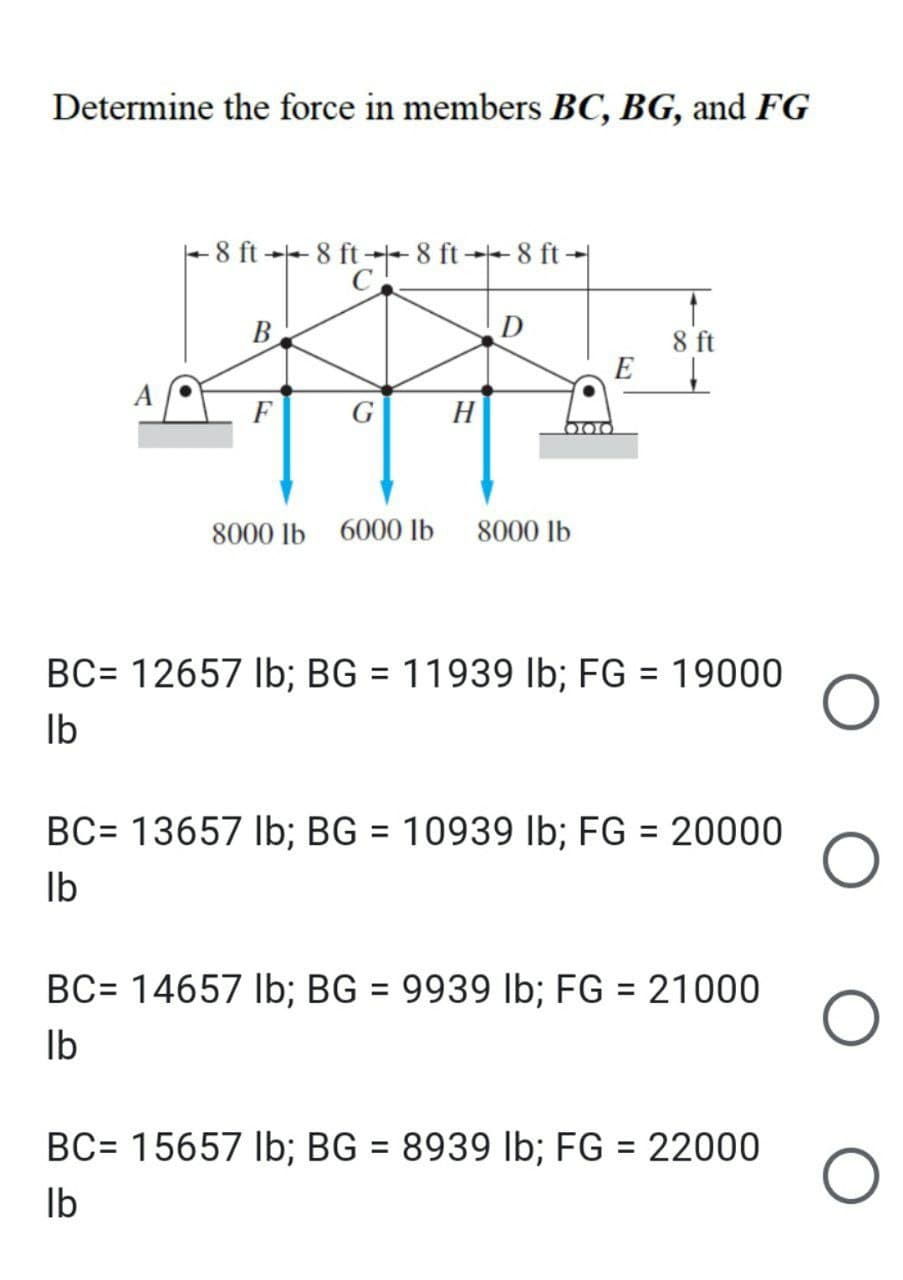 Determine the force in members BC, BG, and FG
-8 ft-8
ft.
-8 ft-8
8 ft 8 ft-
B
D
8 ft
↓
8000 lb 6000 lb
8000 lb
BC= 12657 lb; BG = 11939 lb; FG = 19000
lb
BC= 13657 lb; BG = 10939 lb; FG = 20000
lb
BC= 14657 lb; BG = 9939 lb; FG = 21000
lb
BC= 15657 lb; BG = 8939 lb; FG = 22000
lb
A
H
OLOI-
E