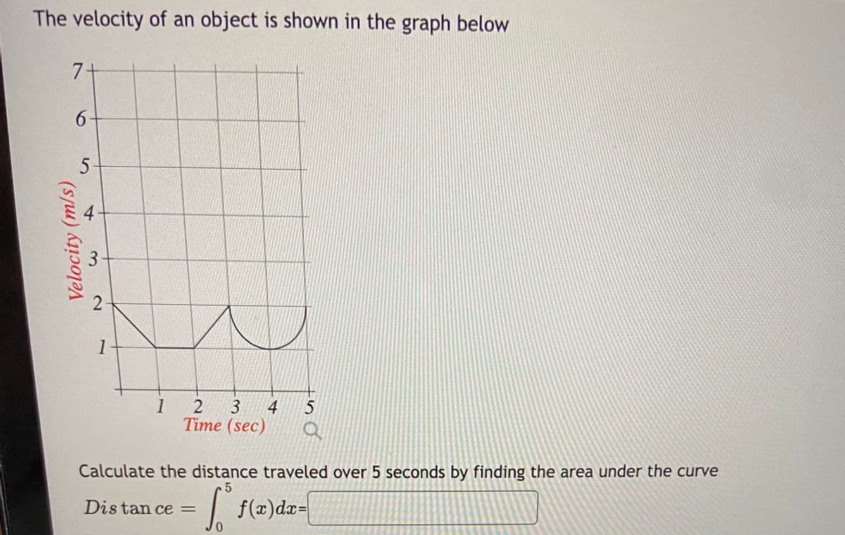 The velocity of an object is shown in the graph below
7+
6-
5
1
1
4
5
Time (sec)
Calculate the distance traveled over 5 seconds by finding the area under the curve
.5
f(2)dz=|
Dis tan ce =
0.
4.
3.
Velocity (m/s)
