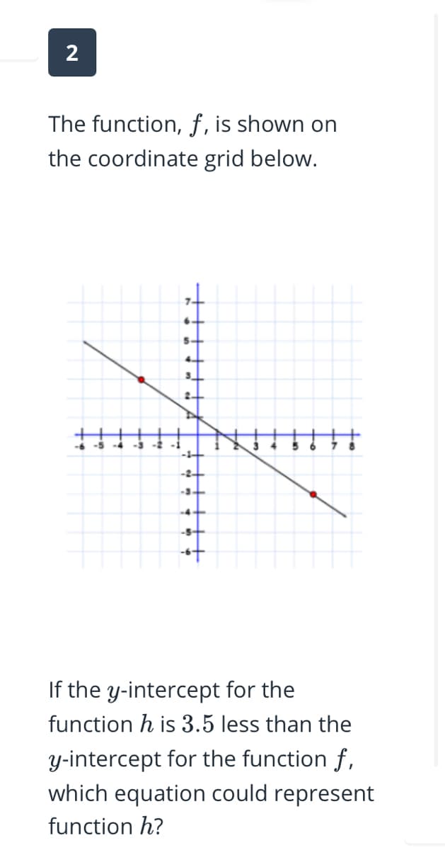 2
The function, f, is shown on
the coordinate grid below.
-4
If the y-intercept for the
function h is 3.5 less than the
y-intercept for the function f,
which equation could represent
function h?
