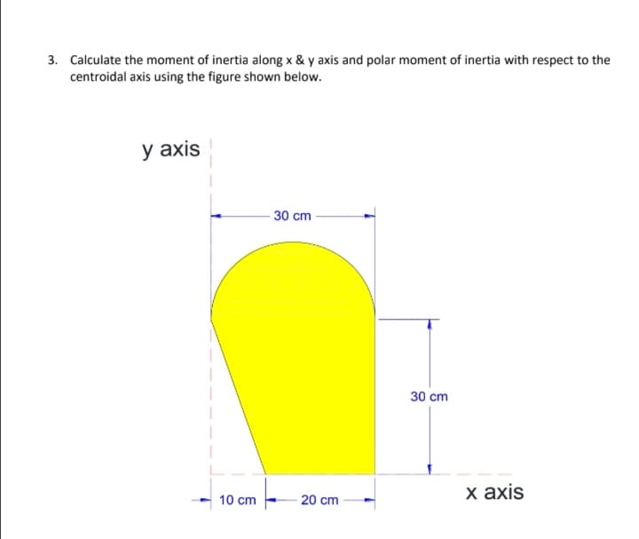 3. Calculate the moment of inertia along x & y axis and polar moment of inertia with respect to the
centroidal axis using the figure shown below.
у аxis
-30 cm
30 cm
х ахis
10 cm
20 cm
