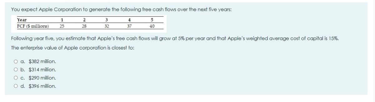You expect Apple Corporation to generate the following free cash flows over the next five years:
Year
1
3
4
5
FCF ($ millions)
25
28
32
37
40
Following year five, you estimate that Apple's free cash flows will grow at 5% per year and that Apple's weighted average cost of capital is 15%.
The enterprise value of Apple corporation is closest to:
O a. $382 million.
O b. $314 million.
O c. $290 million.
O d. $396 million.
