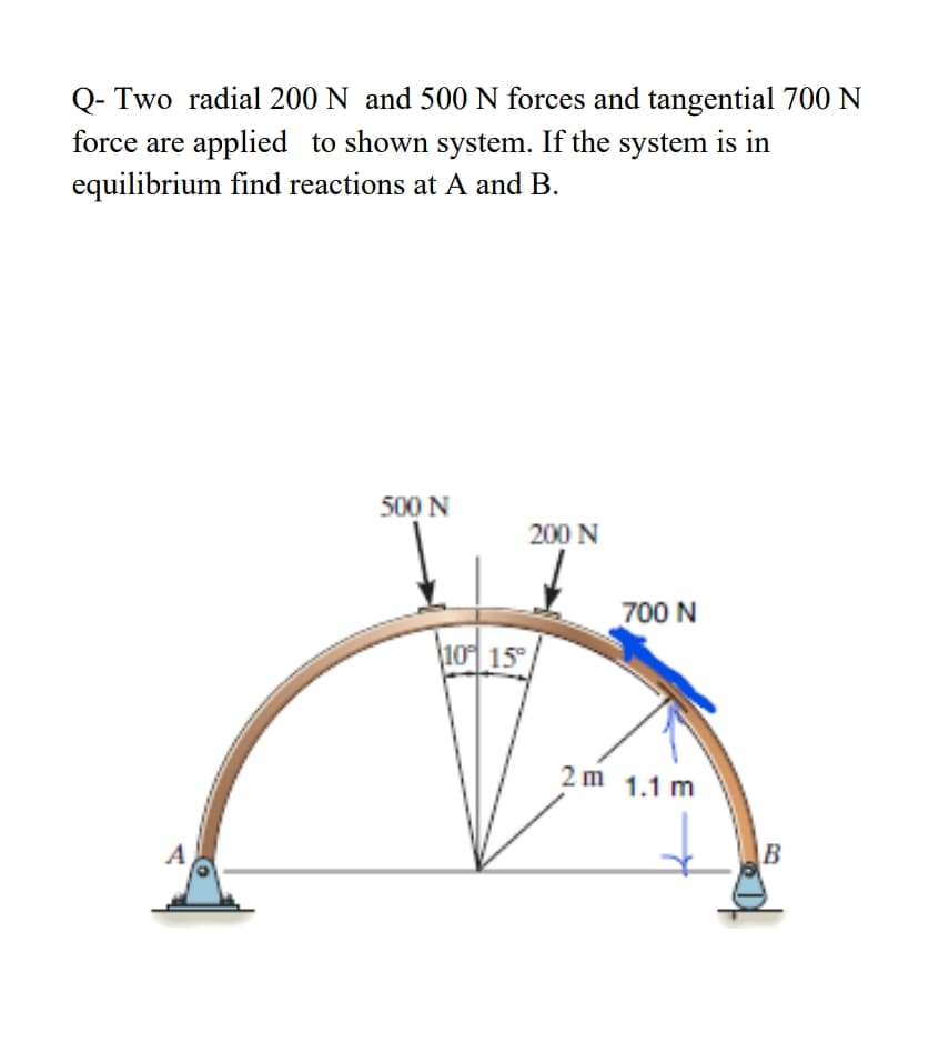 Q- Two radial 200 N and 500 N forces and tangential 700 N
force are applied to shown system. If the system is in
equilibrium find reactions at A and B.
500 N
200 N
700 N
10 15
2 m 1.1 m
B
A
