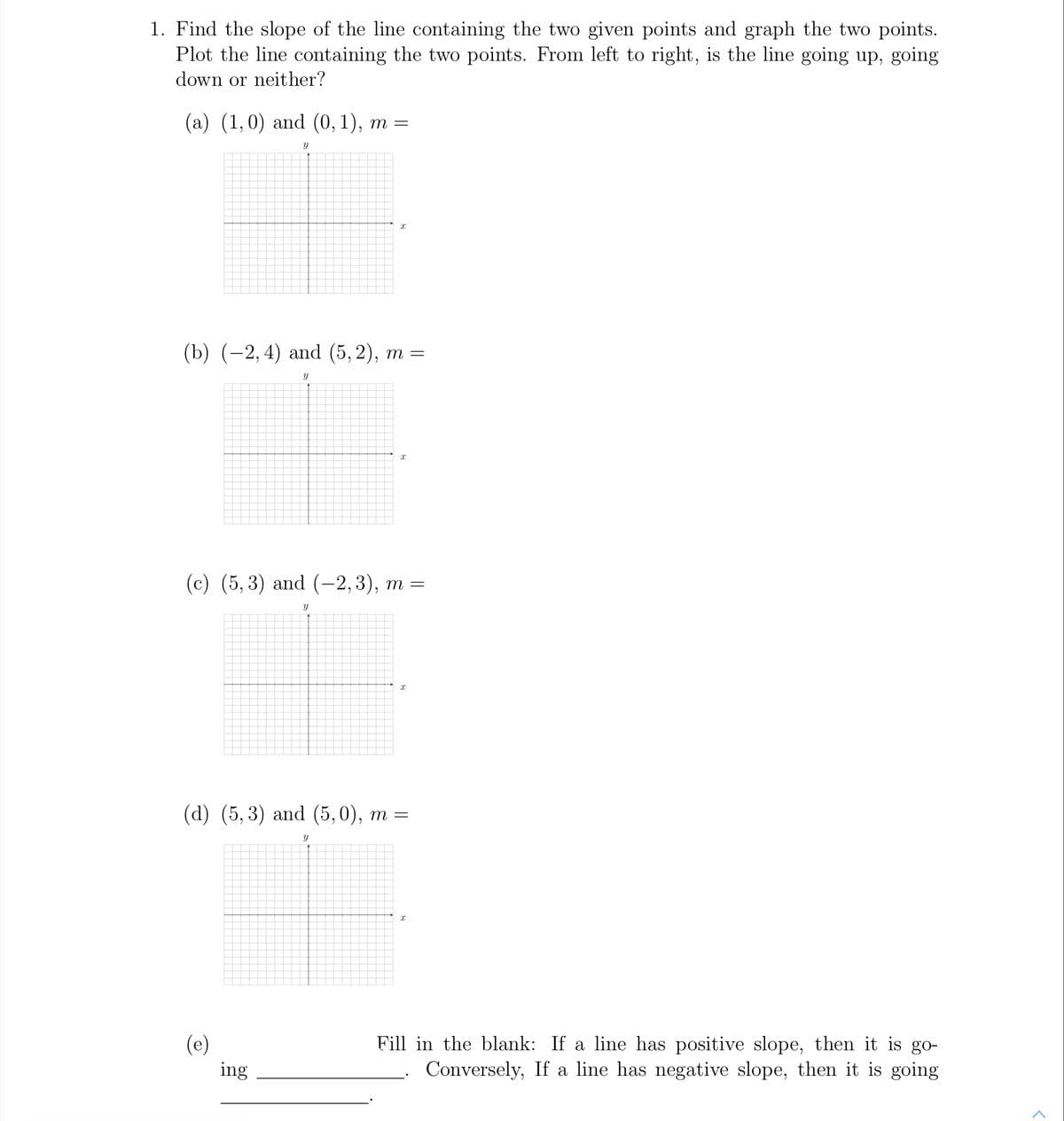 1. Find the slope of the line containing the two given points and graph the two points.
Plot the line containing the two points. From left to right, is the line going up, going
down or neither?
(а) (1,0) and (0, 1), т —
(b) (-2, 4) and (5, 2), m =
(c) (5, 3) and (-2,3), т %3D
(d) (5, 3) and (5,0), m =
(e)
ing
Fill in the blank: If a line has positive slope, then it is go-
Conversely, If a line has negative slope, then it is going
