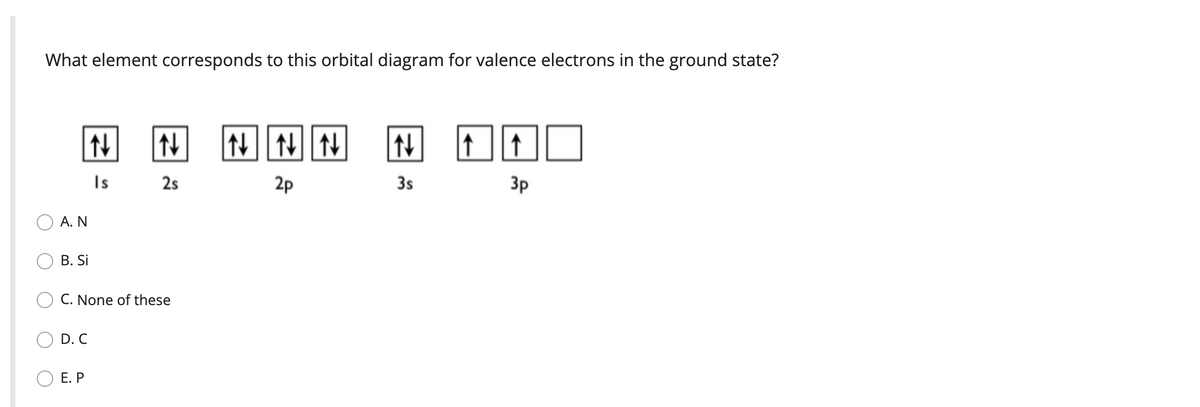 What element corresponds to this orbital diagram for valence electrons in the ground state?
N||14
Is
25
2p
3s
Зр
A. N
В. Si
C. None of these
D. C
Е. Р
