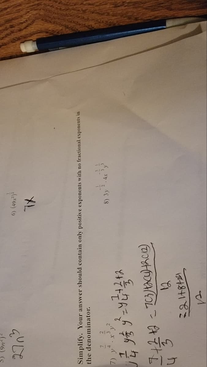 6) (49x?)²
7X
Simplify. Your answer should contain only positive exponents with no fractional exponents in
the denominator.
2.4x
8) 3y
3.
3.
