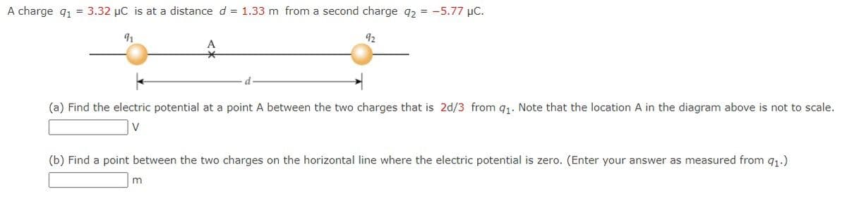 A charge q1 = 3.32 μC is at a distance d = 1.33 m from a second charge q2 = -5.77 μC.
91
92
(a) Find the electric potential at a point A between the two charges that is 2d/3 from 9₁. Note that the location A in the diagram above is not to scale.
V
(b) Find a point between the two charges on the horizontal line where the electric potential is zero. (Enter your answer as measured from 91.)
m