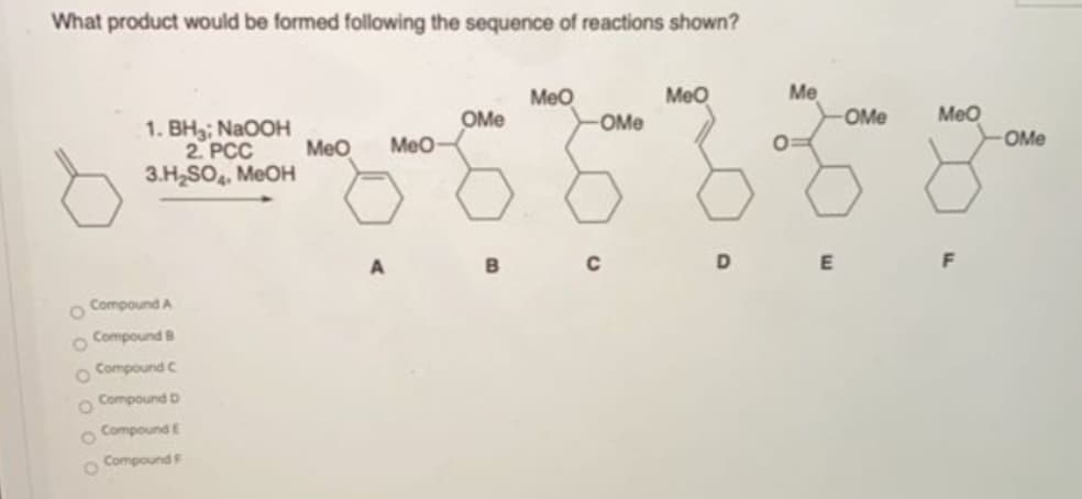 What product would be formed following the sequence of reactions shown?
Meo
Me
OMe
Meo
OMe
1. BH3; NaOOH
2. PCC
Meo
3.H,SO, MEOH
OMe
MeO
Meo
OMe
B
E
F
O Compound A
O Compound B
Compound C
Compound D
O Compound E
O Compound
O O O O00
