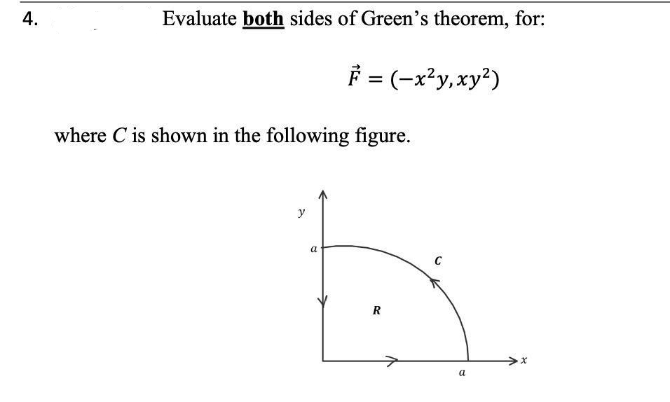 A.
Evaluate both sides of Green's theorem, for:
F = (-x²y,xy²)
where C is shown in the following figure.
y
а
C
R
a
