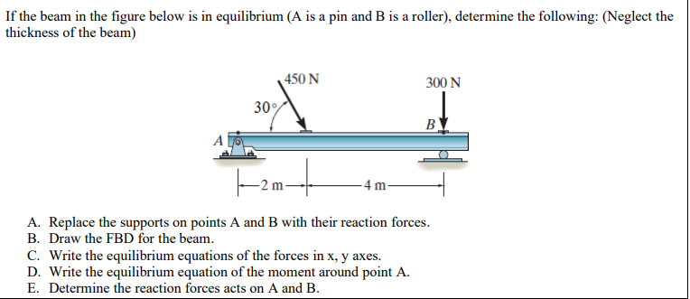 If the beam in the figure below is in equilibrium (A is a pin and B is a roller), determine the following: (Neglect the
thickness of the beam)
450 N
300 N
30%
B.
A
4 m-
A. Replace the supports on points A and B with their reaction forces.
B. Draw the FBD for the beam.
C. Write the equilibrium equations of the forces in x, y axes.
D. Write the equilibrium equation of the moment around point A.
E. Determine the reaction forces acts on A and B.
