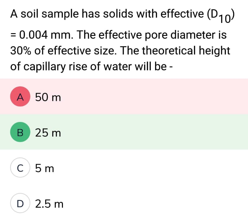 A soil sample has solids with effective (D10)
= 0.004 mm. The effective pore diameter is
30% of effective size. The theoretical height
of capillary rise of water will be -
A 50 m
B 25 m
C 5 m
D 2.5 m