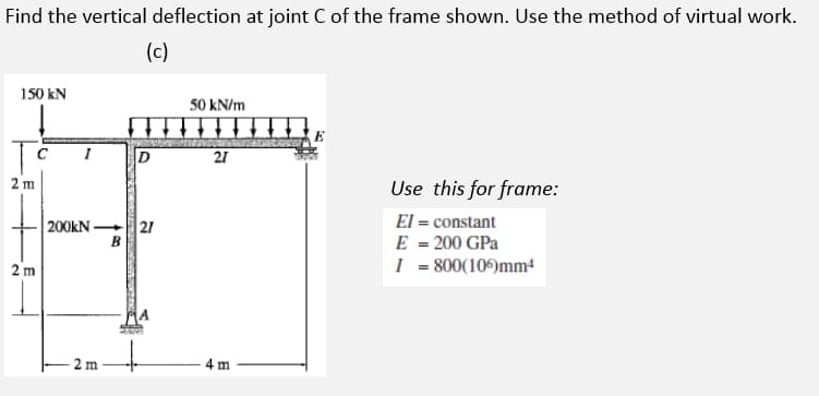 Find the vertical deflection at joint C of the frame shown. Use the method of virtual work.
(c)
150 kN
50 kN/m
21
Use this for frame:
El = constant
E = 200 GPa
I = 800(106)mm¹
то
2 m
2m
200KN.
m
B
D
27
4 m