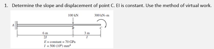 1. Determine the slope and displacement of point C. El is constant. Use the method of virtual work.
100 kN
300 kN-m
6 m
21
E = constant = 70 GPa
I = 500 (106) mm²
3m
I