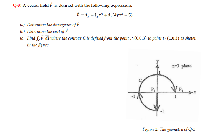 Q-3) A vector field F, is defined with the following expression:
F = âx + âyz¹ + â₂ (4yz³ +5)
(a) Determine the divergence of F
(b) Determine the curl of F
(c) Find fF.dl where the contour C is defined from the point P₁(0,0,3) to point P₂(1,0,3) as shown
in the figure
z=3 plane
Figure 2. The geometry of Q-3.