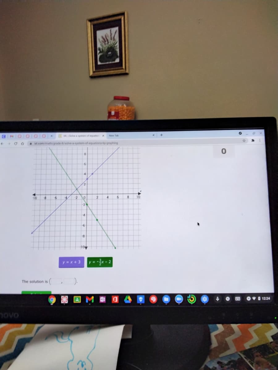 LI Solve a system of eguation X
id.com/math/grade 8/solve-a-system-of-equations-by graphing
4
10
2
4
10
-4
to
10
y -x+ 3
The solution is
VO 12:24
OAOL
