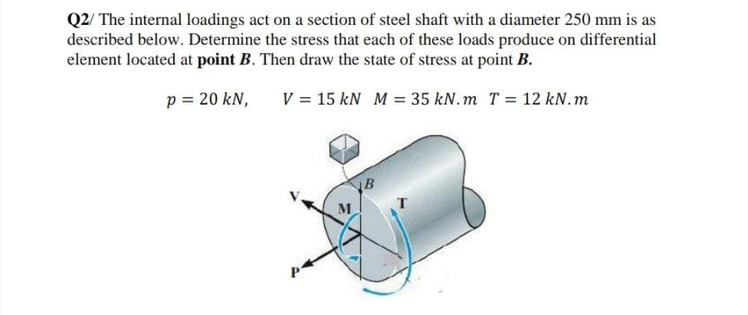 Q2/ The internal loadings act on a section of steel shaft with a diameter 250 mm is as
described below. Determine the stress that each of these loads produce on differential
element located at point B. Then draw the state of stress at point B.
p = 20 kN,
V = 15 kN M = 35 kN. m T = 12 kN. m
M.

