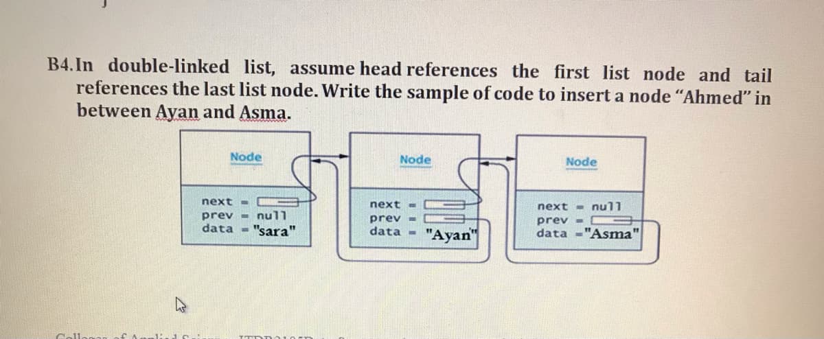 B4.In double-linked list, assume head references the first list node and tail
references the last list node. Write the sample of code to insert a node "Ahmed" in
between Ayan and Asma.
Node
Node
Node
next -
next -
next - null
prev - null
prev -
prev -
data - "sara"
data
"Ayan"
data
"Asma"
