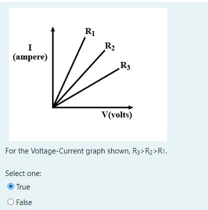 R1
R2
I
(ampere)
R3
V(volts)
For the Voltage-Current graph shown, R3>R2>R1.
Select one:
True
O False
