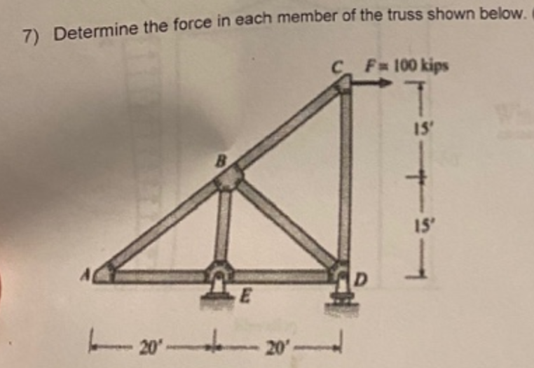 7) Determine the force in each member of the truss shown below.
C F 100 kips
1S'
1S
D
- 20
ァー
20
