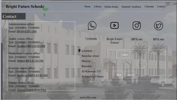 Bright Future School
BF
Library Online books Students feedback Calendar Contact
Home
Contact
Administration office:
Tell: 25500001- 75500001
Email: BFS@ EDU.OM
Arabic course office:
75500000
Bright Future
BFS.om
BFS.om
Tell: 25500002- 75500002
Email: Arabisa BES.EUD OM
School
11
Location:
Mathematics course office:
Bawshar street
CBES
Tell: 25500003. 75500003
Email: Matha BFS.EUD.OM
Muscat
Bawshar
Sciences course office:
Tell: 25500004-75500004
Email: Seiencos@ BES. EUD.OM
Al-Khuwair 133
Sultanate of Oman
AFS
MCBS
Islamic course oflice:
Tell: 25500005- 75500005
Email: Islamic@ BES.EUD.OM
www.bfs.com
