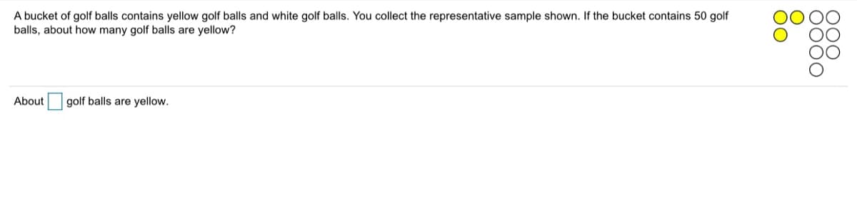 A bucket of golf balls contains yellow golf balls and white golf balls. You collect the representative sample shown. If the bucket contains 50 golf
balls, about how many golf balls are yellow?
About golf balls are yellow.
000
80
