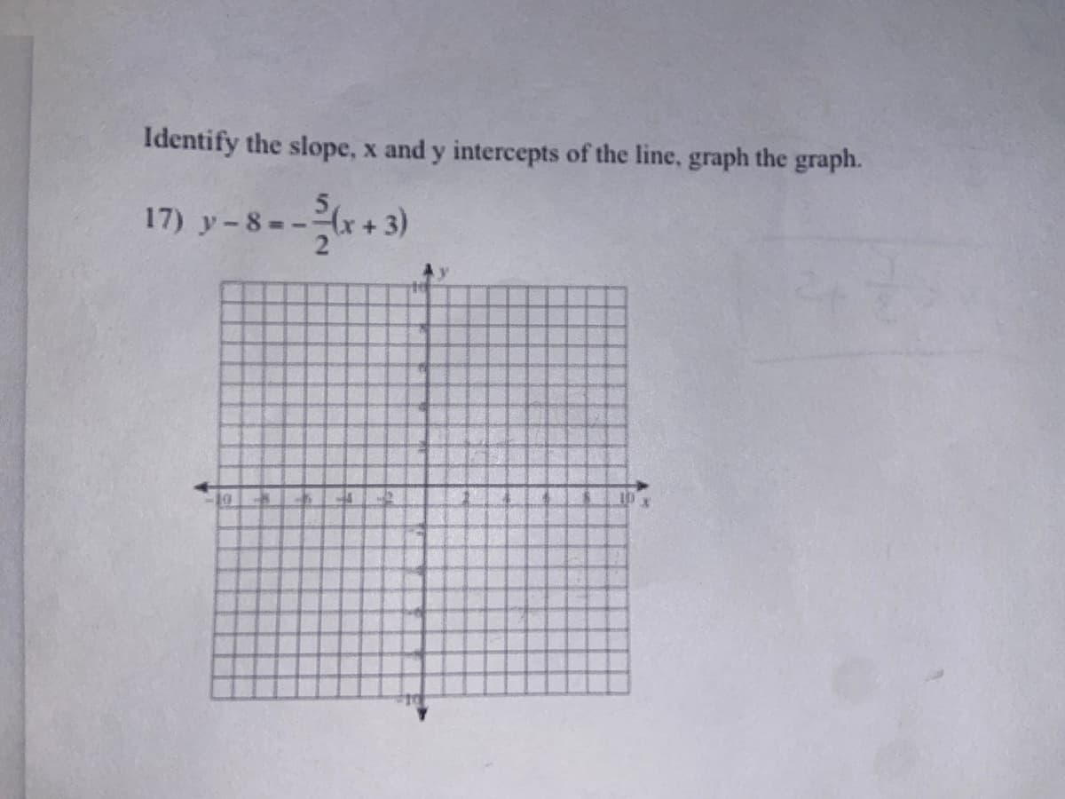 Identify the slope, x and y intercepts of the line, graph the graph.
17) y-8--r+3)

