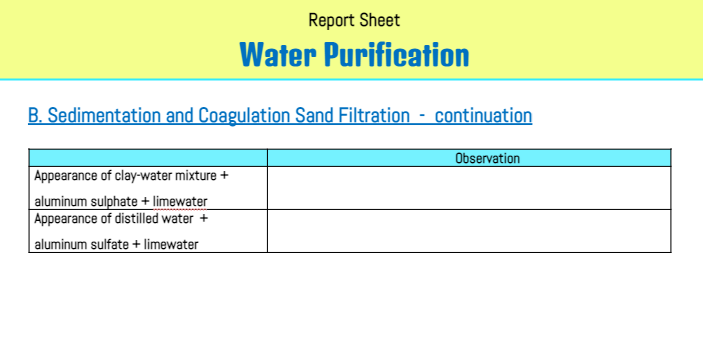Report Sheet
Water Purification
B. Sedimentation and Coagulation Sand Filtration - continuation
Observation
Appearance of clay-water mixture +
aluminum sulphate + limewater
Appearance of distilled water +
aluminum sulfate + limewater

