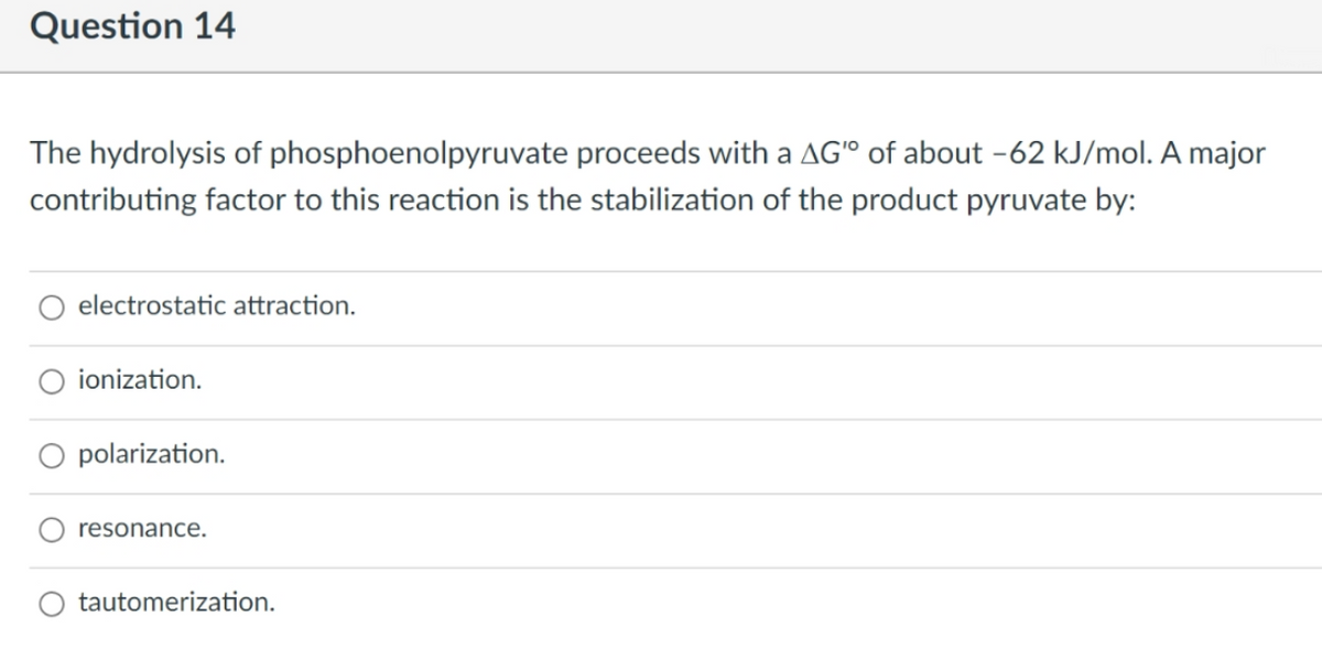 Question 14
The hydrolysis of phosphoenolpyruvate proceeds with a AG" of about -62 kJ/mol. A major
contributing factor to this reaction is the stabilization of the product pyruvate by:
electrostatic attraction.
ionization.
O polarization.
resonance.
tautomerization.