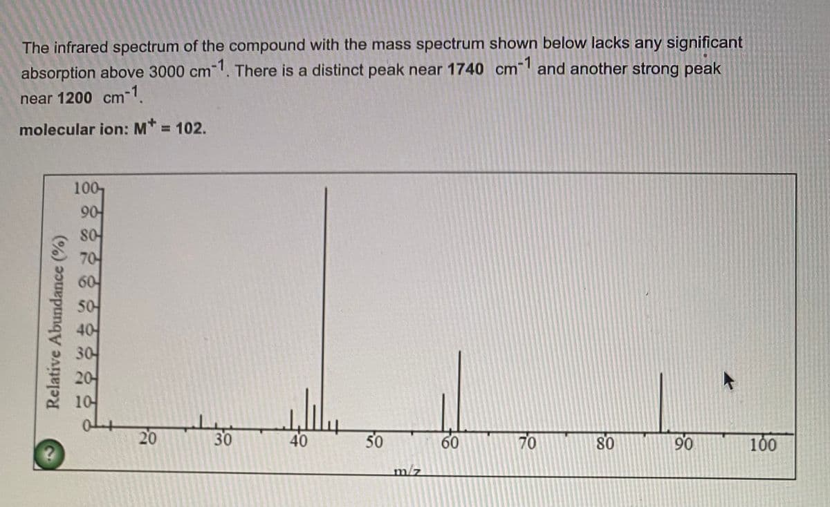 The infrared spectrum of the compound with the mass spectrum shown below lacks any significant
absorption above 3000 cm-1. There is a distinct peak near 1740 cm-1 and another strong peak
near 1200 cm-1.
molecular ion: M* = 102.
Relative Abundance (%)
?
100
904
80
704
60-
40
304
20
10
20
30
40
50
m/z
60
70
80
90
K
100