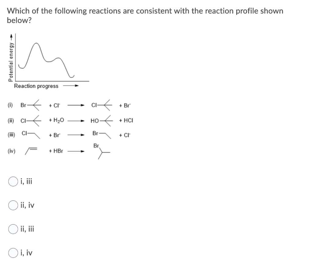 Which of the following reactions are consistent with the reaction profile shown
below?
Potential energy-
(i)
Reaction progress
Br
(ii) CI
(iii)
(iv)
CI
i, iii
Oii, iv
O ii, iii
Oi, iv
+CI
+ H₂O
+ Br
+ HBr
HO
Br
Br
+ Br
+ HCI
+ CI