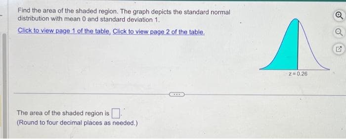 Find the area of the shaded region. The graph depicts the standard normal
distribution with mean 0 and standard deviation 1.
Click to view page 1 of the table, Click to view page 2 of the table.
The area of the shaded region is.
(Round to four decimal places as needed.)
^
Z 0.26
Q