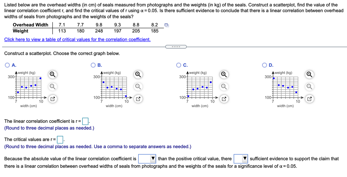 Listed below are the overhead widths (in cm) of seals measured from photographs and the weights (in kg) of the seals. Construct a scatterplot, find the value of the
linear correlation coefficient r, and find the critical values of r using a = 0.05. Is there sufficient evidence to conclude that there is a linear correlation between overhead
widths of seals from photographs and the weights of the seals?
Overhead Width
7.1
7.7
9.8
9.3
8.8
8.2
Weight
113
180
248
197
205
185
Click here to view a table of critical values for the correlation coefficient.
Construct a scatterplot. Choose the correct graph below.
O A.
В.
С.
OD.
Aweight (kg)
300+
A weight (kg)
300-
Aweight (kg)
300-
Aweight (kg)
300-
100+
100-
7
100
100+
7
10
10
7
10
7
10
width (cm)
width (cm)
width (cm)
width (cm)
The linear correlation coefficient is r=
(Round to three decimal places as needed.)
The critical values are r=
(Round to three decimal places as needed. Use a comma to separate answers as needed.)
Because the absolute value of the linear correlation coefficient is
than the positive critical value, there
sufficient evidence to support the claim that
there is a linear correlation between overhead widths of seals from photographs and the weights of the seals for a significance level of a = 0.05.
