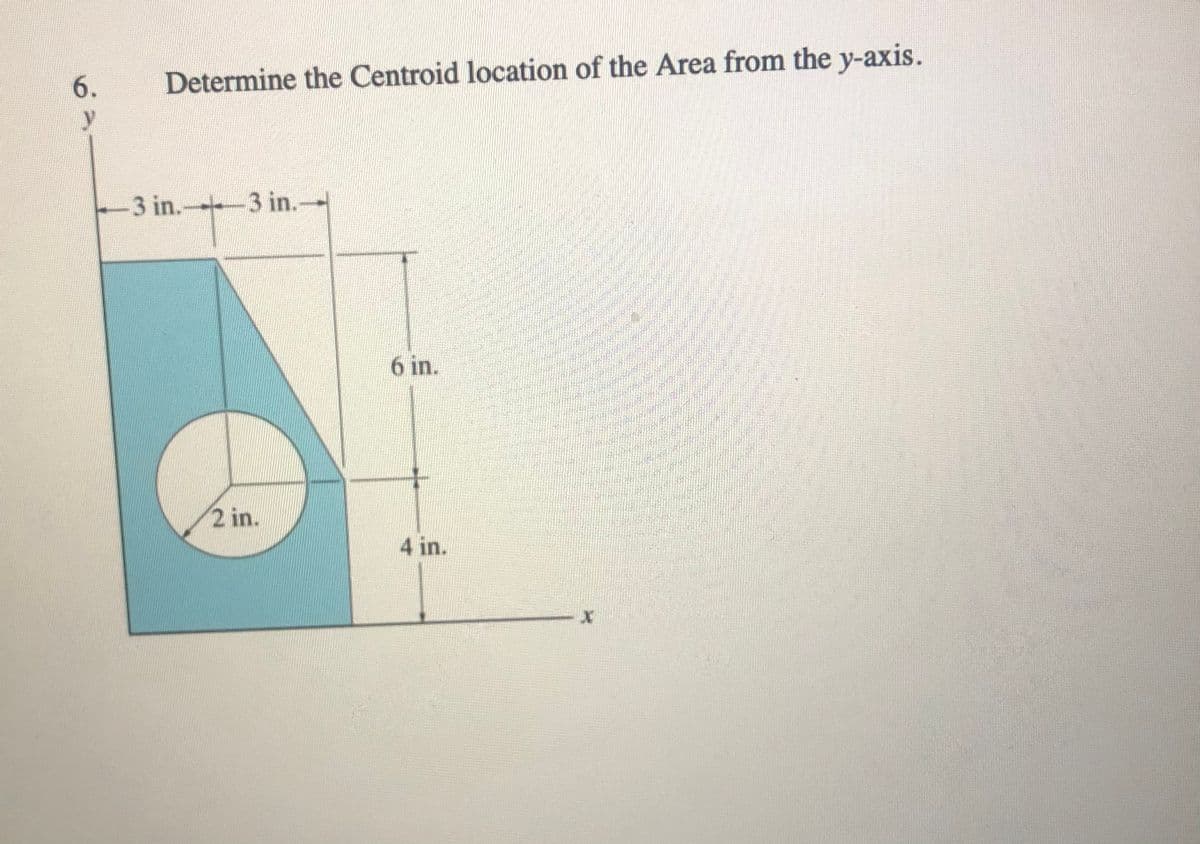 6.
Determine the Centroid location of the Area from the y-axis.
3 in. -3 in.
6 in.
2 in.
4 in.
