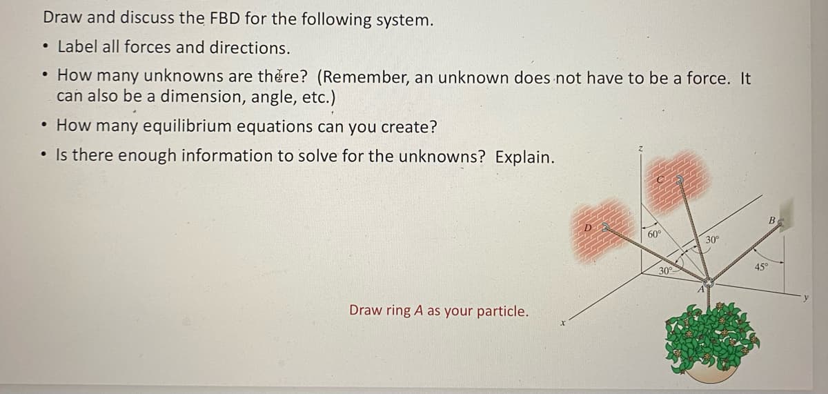 Draw and discuss the FBD for the following system.
• Label all forces and directions.
• How many unknowns are there? (Remember, an unknown does not have to be a force. It
can also be a dimension, angle, etc.)
• How many equilibrium equations can you create?
• Is there enough information to solve for the unknowns? Explain.
Draw ring A as your particle.
60°
30°
30⁰
B
45°