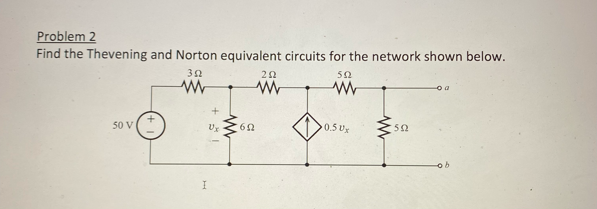 Problem 2
Find the Thevening and Norton equivalent circuits for the network shown below.
3Ω
50 V
+1
Μ
X
+
Ux
6Ω
Μ
2Ω
5Ω
Μ
0.5 0.
5Ω
o a
ob