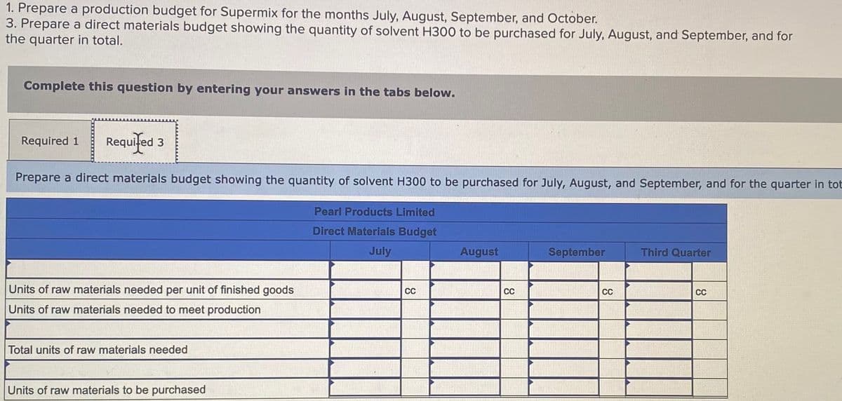 1. Prepare a production budget for Supermix for the months July, August, September, and October.
3. Prepare a direct materials budget showing the quantity of solvent H300 to be purchased for July, August, and September, and for
the quarter in total.
Complete this question by entering your answers in the tabs below.
Requifed 3
Required 1
Prepare a direct materials budget showing the quantity of solvent H300 to be purchased for July, August, and September, and for the quarter in tot
Pearl Products Limited
Direct Materials Budget
July
August
September
Third Quarter
Units of raw materials needed per unit of finished goods
CC
CC
CC
CC
Units of raw materials needed to meet production
Total units of raw materials needed
Units of raw materials to be purchased
